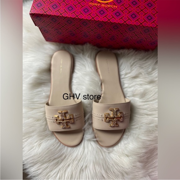 Tory Burch Everly Slide Sandals Calf Leather Crystal Logo Dulce De Leche - Picture 2 of 4